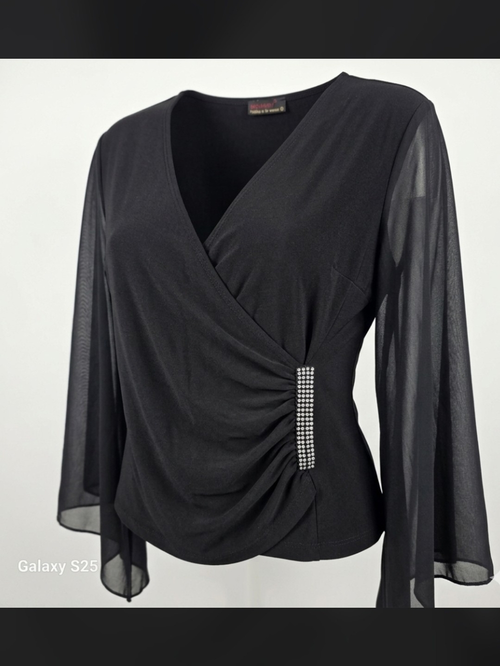 Elegant Womanly Black Wrap Top with Rhinestone Detail - Size Small